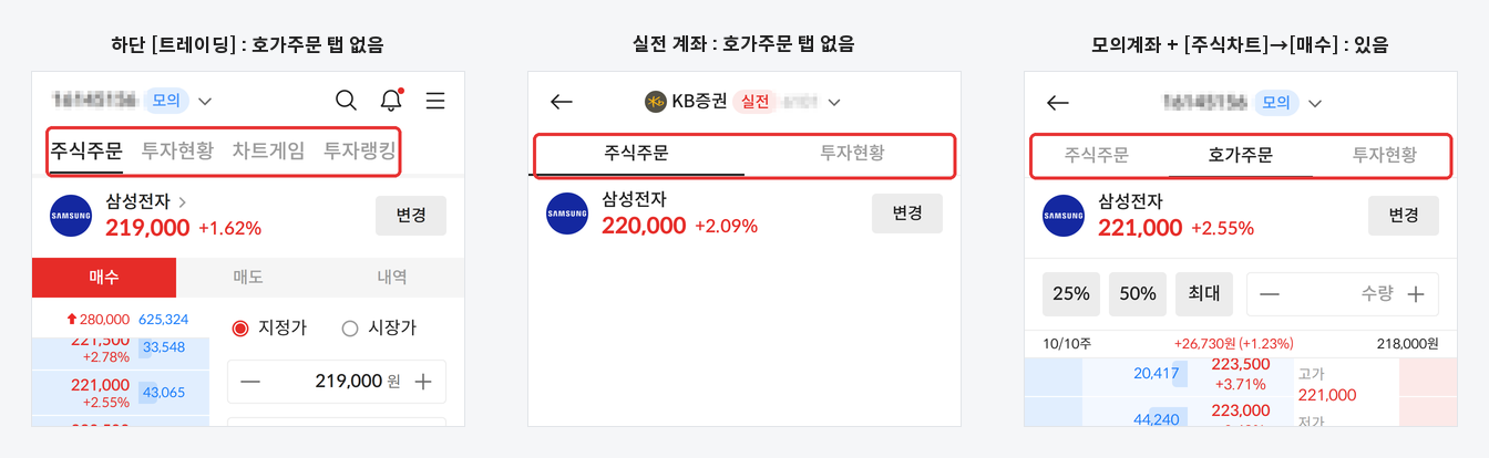 호가주문 탭 : 하단 [트레이딩]과 실전 계좌에서는 안 보이고, 모의계좌로 [주식차트] → [매수]에서 보여요
