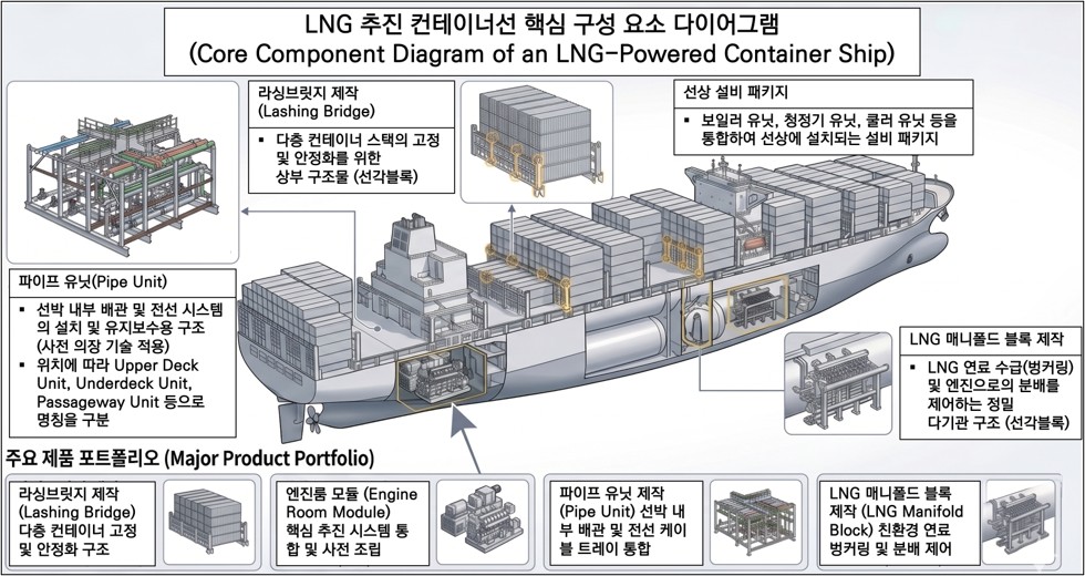 LNG 추진 컨테이너선의 핵심 구성 요소와 영광의 주요 제품 — 엔진룸 모듈·파이프 유닛·래싱브릿지·LNG 매니폴드 블록 (출처: 영광 증권신고서, DART)