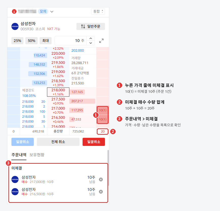 217,000원 · 216,500원에 10주씩 매수 주문 : 레일에 10(1), 하단에 미체결 매수 20주, 주문내역에 미체결 2건